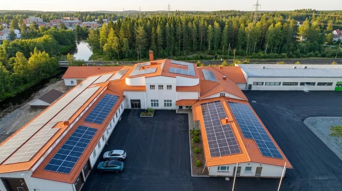 Aerial view of the Forsnäs Energy Park building with solar panels covering its roofs, surrounded by pine forest.