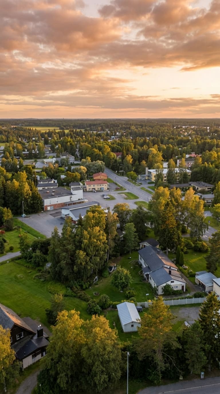 Aerial view of Kronoby at sunset, with houses and trees served by the district heating network.